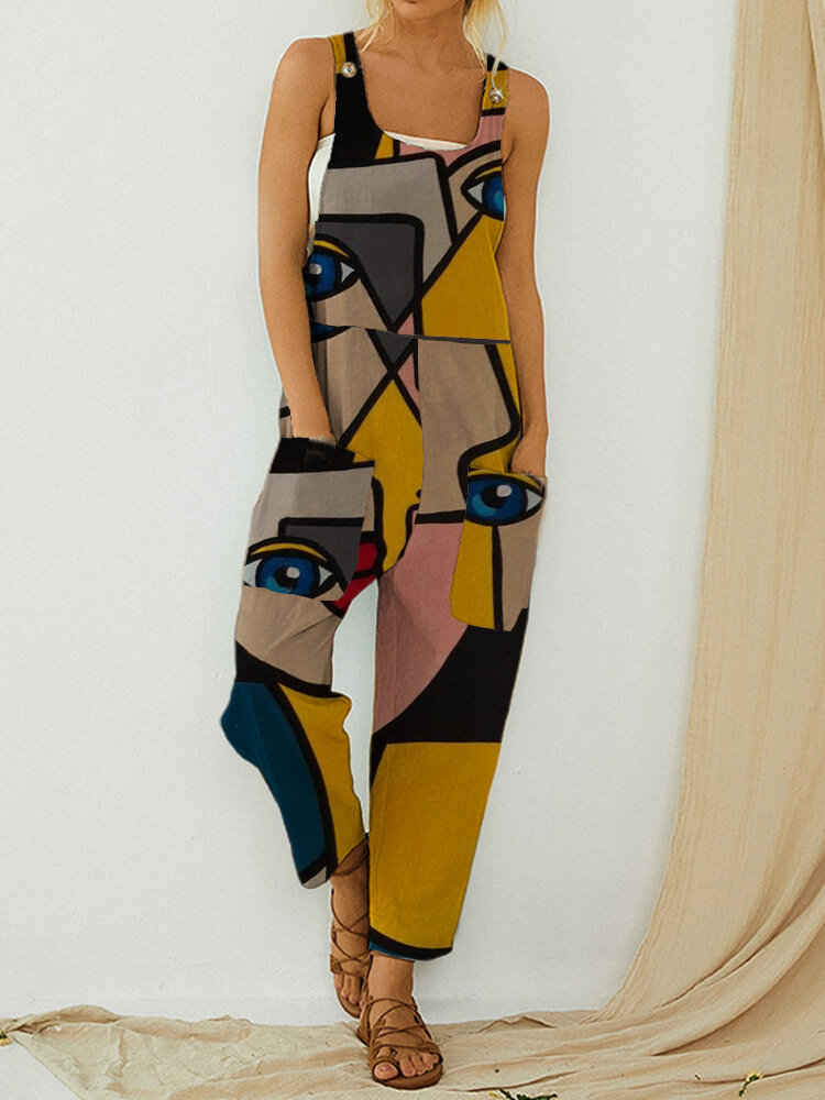 Abstract Art Illustration Print Button Strap Sleeveless Jumpsuit With Pocket